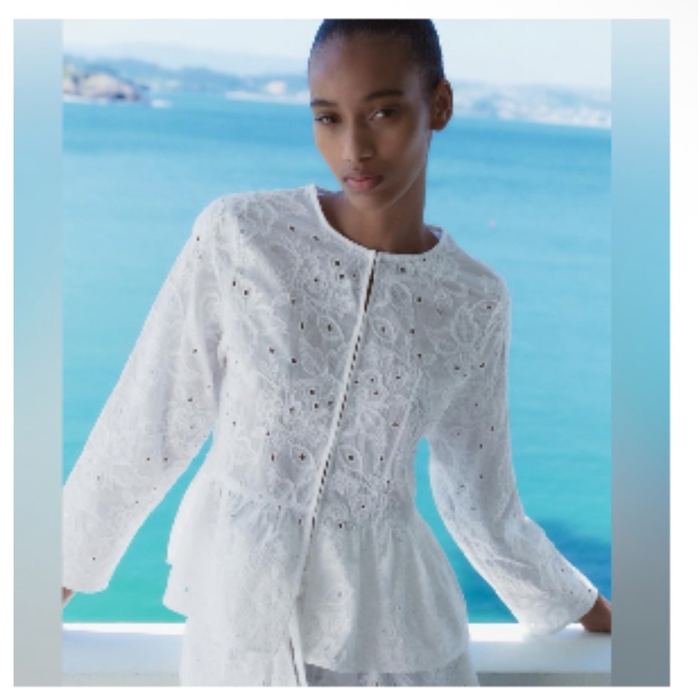Zara floral embroidered Cotton white peplum top blouse jacket sz.XS